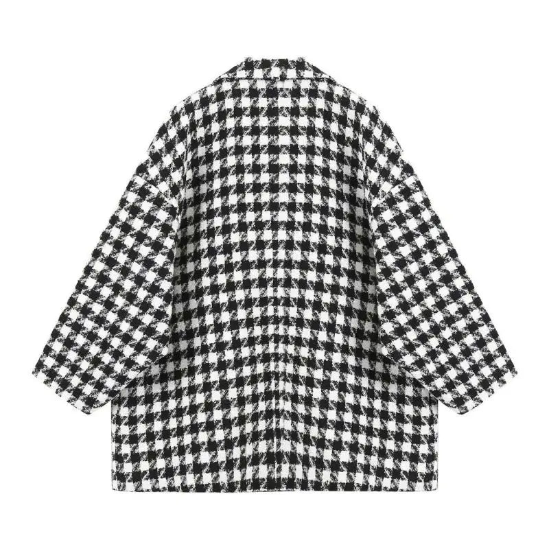 Women Autumn Winter Plaid Loose Coats Shirt Wide Leg Pants 1 or 3 Piece Set Korean Lady Casual Tweed Jacket Jeans Blouse Outfits