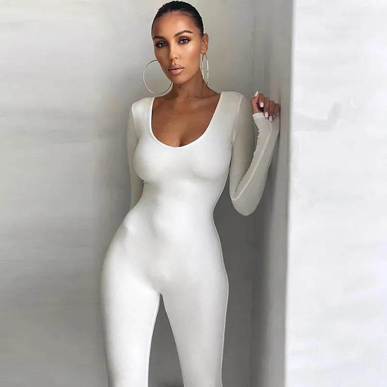 Nibber Basic Bodycon Jumpsuit For Women‘s Clothing Casual Brown Fitness Rompers Y2K Playsuit Activity Streetwear Overalls WHITE Full SLeeve