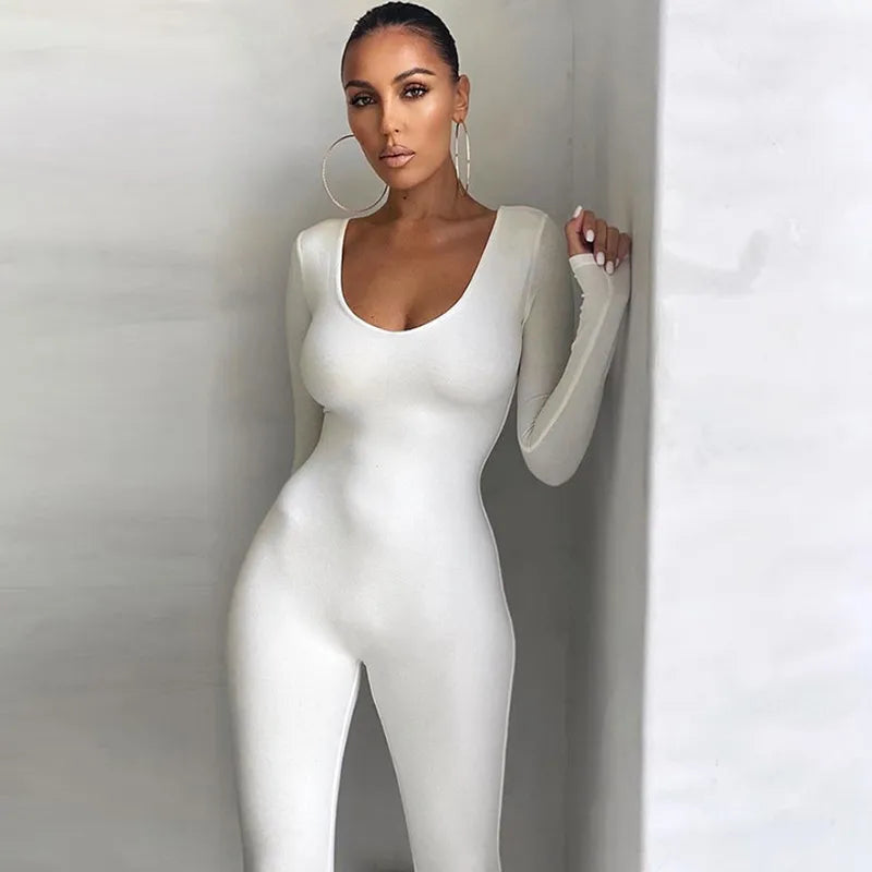 Nibber Basic Bodycon Jumpsuit For Women‘s Clothing Casual Brown Fitness Rompers Y2K Playsuit Activity Streetwear Overalls WHITE Full SLeeve