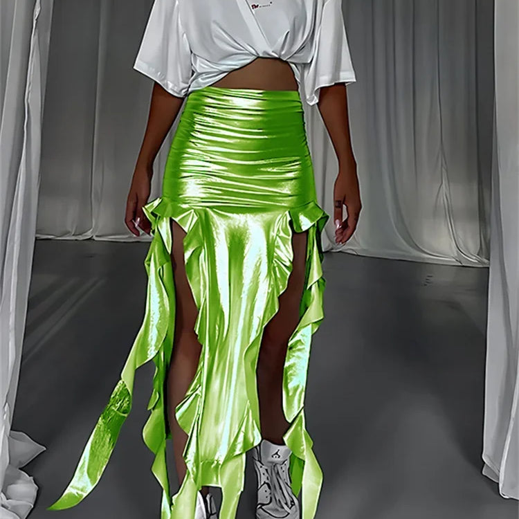 Tossy Tassel Summer Female Long Skirt Ruffled High Waist Broken High Split Fashion Pleated Sexy Solid Patchwork Maxi Skirt 2023 green
