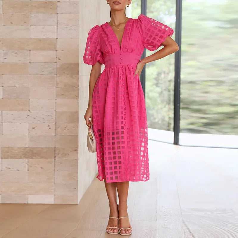 Summer Multicolor Lantern Short Sleeve Long Dress Elegant Ladies Solid V Neck Big Hem Dress Fashion Mesh Plaid High Waist Dress Rose Red