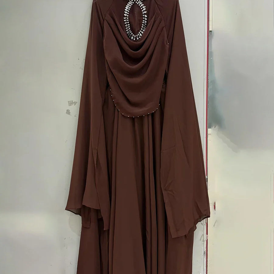 Solid Loose Sheer Spliced Bead Elegant Dresses for Women High Neck Long Sleeves Patchwork Folds Dress Female New