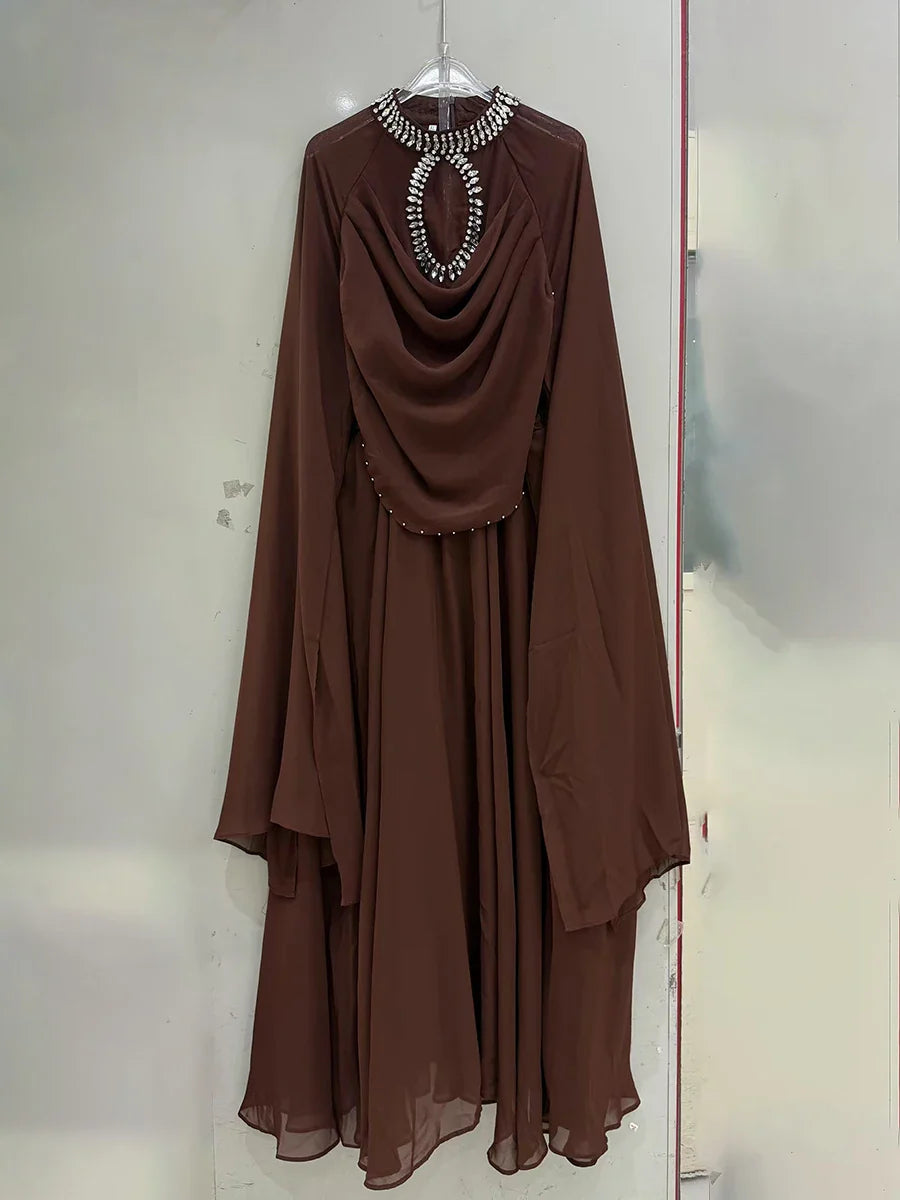 Solid Loose Sheer Spliced Bead Elegant Dresses for Women High Neck Long Sleeves Patchwork Folds Dress Female New