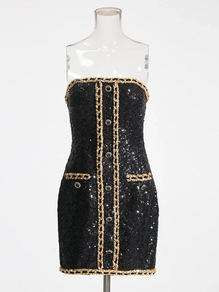 TWOTWINSTYLE Hit Color Sexy Dresses For Women Strapless Sleeveless High Waist Slimming Patchwork Button Dress Female Fashion New