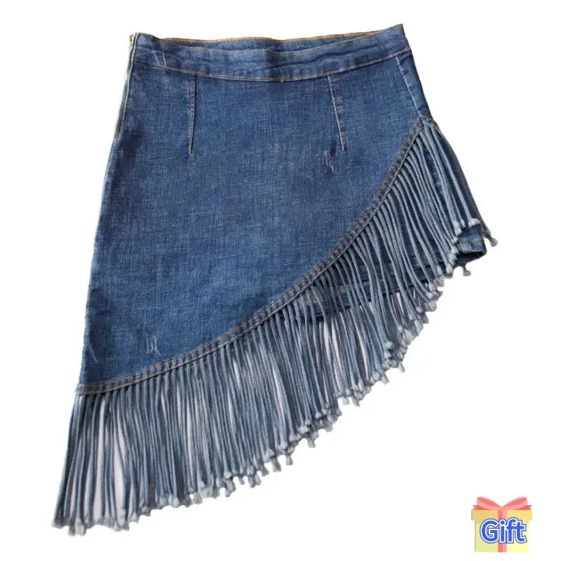 Denim Mini Skirt Women with Shorts Oblique Hem Tassel Summer 2024 Korean Fashion Streetwear Jean Skort Stylish Night Club Outfit