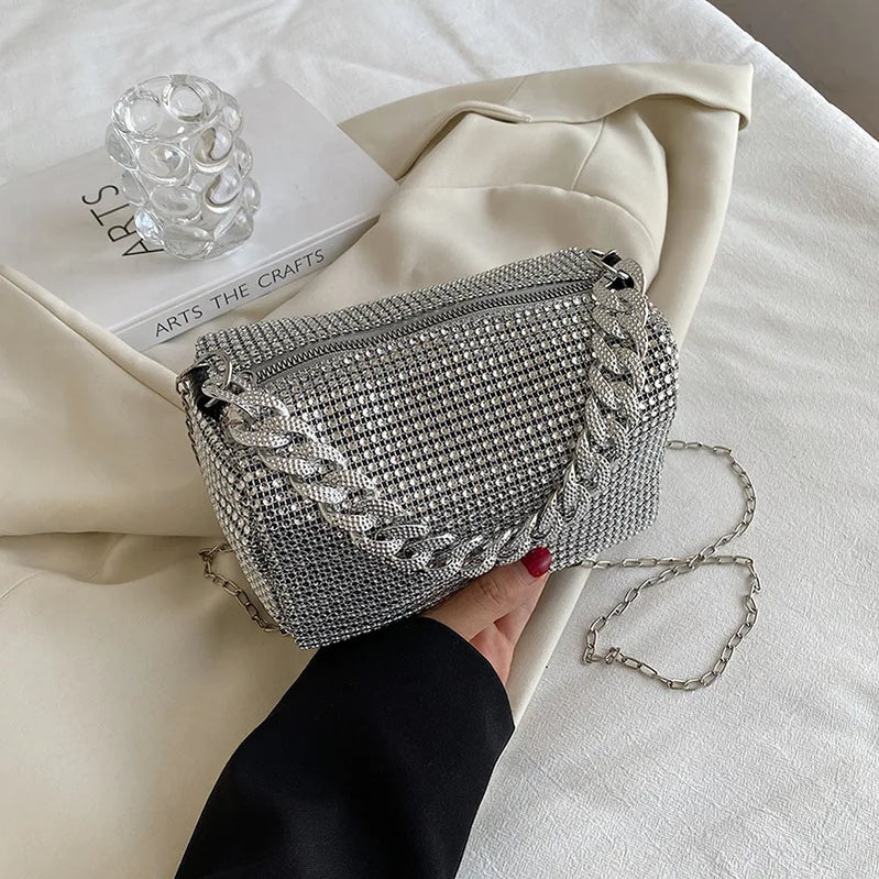 Fashion Glitter Rhinestone Evening Bag Women Trend Luxury Shiny Handbag Female Nightclub Carnival Party Crossbody Underarm Bag Sliver