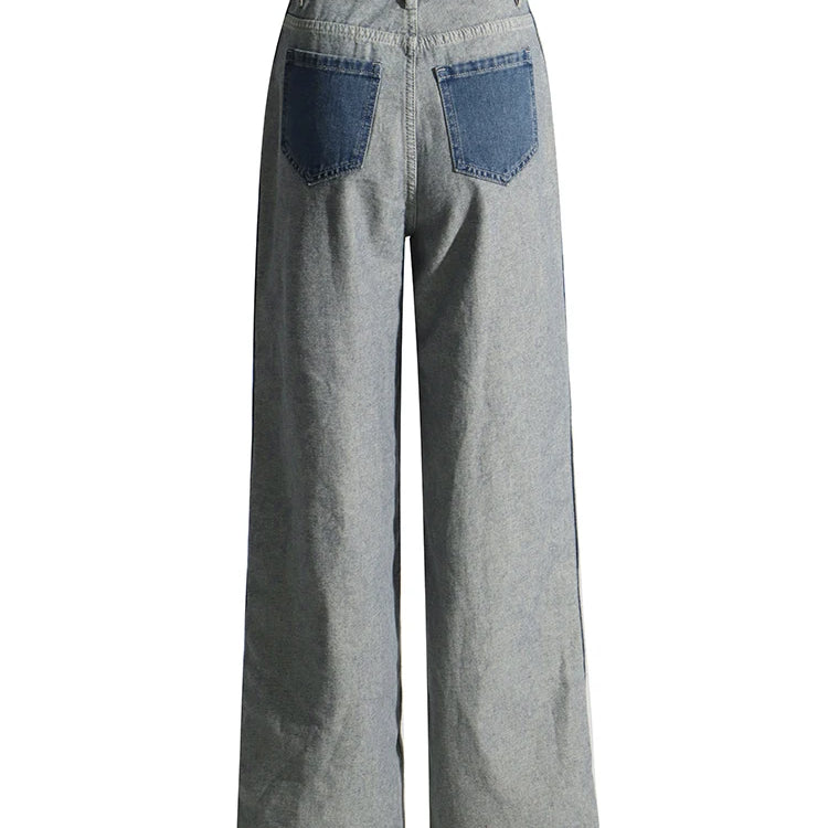 Patchwork Pockets Casual Denim Trousers For Women High Waist Spliced Button Hit Color Minimalist Loose Wide Leg Jeans Female
