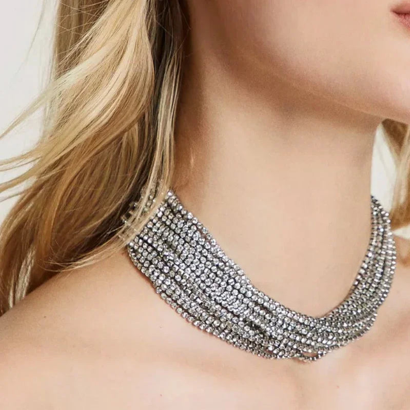 Fashion Rhinestone Multilayer Choker Necklace Collar Statement Crystal Chunky Clavicle Chain Necklace for Women Jewelry Gift