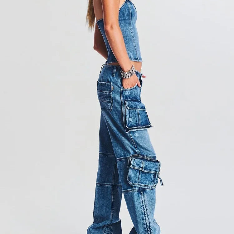 Denim Vintage Two Piece Sets For Women Strapless Sleeveless Tops High Waist Spliced Pockets Pant Casual Set Female