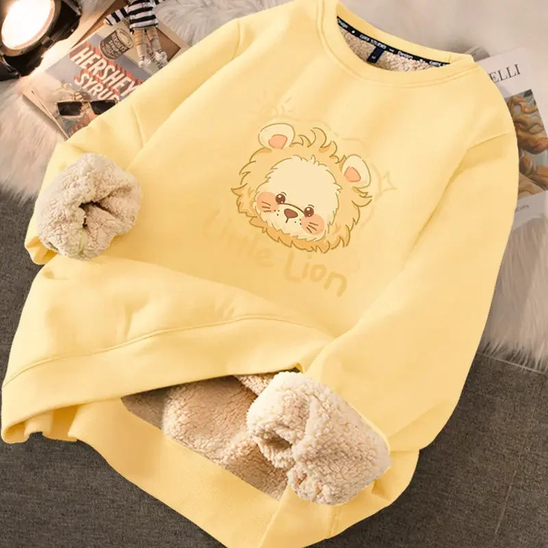 FIGOHR Cute Fleece Warm Hoodies Women Rabbit Thicken Thermal Sweatshirts Printed Loose Sweatshirts for Autumn/Winter LION YELLOW