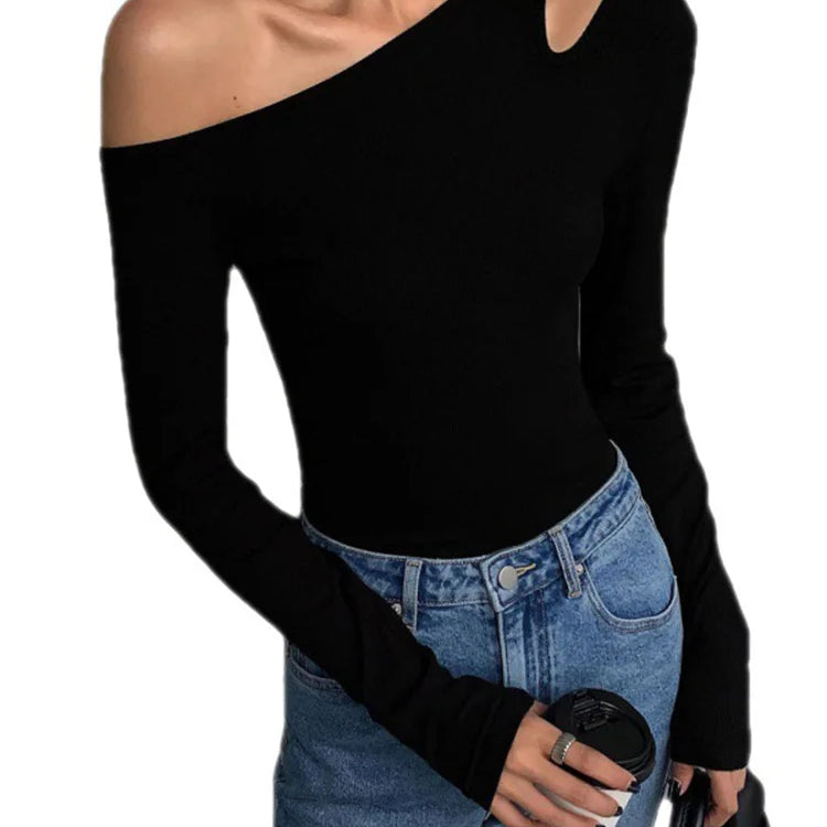 Fashion Skew Collar Off-shoulder Long-sleeved T-shirts Women Spring New Solid Slim Fit Crop Top Sexy Hollow Out Tees Shirts
