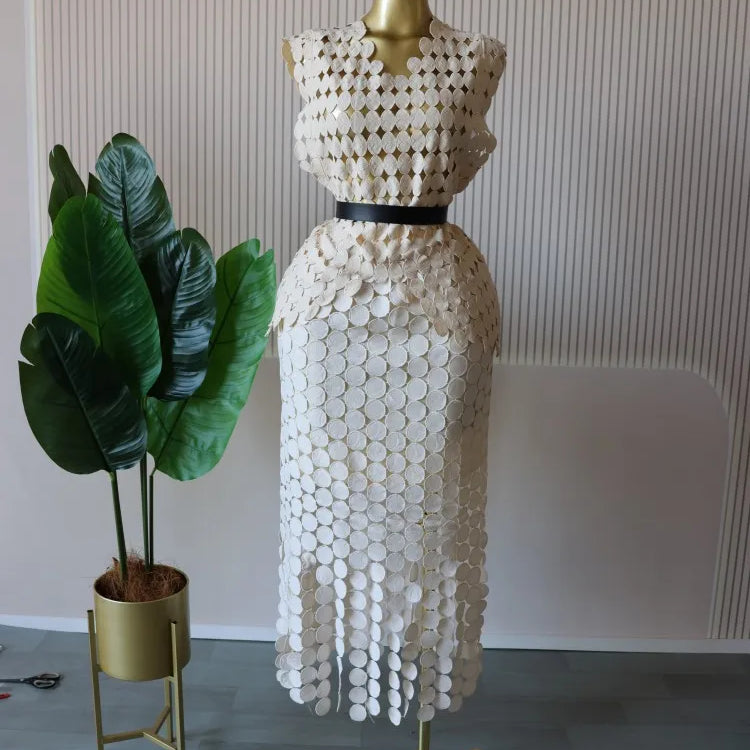 CM.YAYA Women Cutout O-neck Crop Top and Bodycon Midi Slim Maxi Long Skirt Suit 2025 Summer Vacation Sexy Two 2Piece Set Outfits Apricot-Apricot-belt One Size