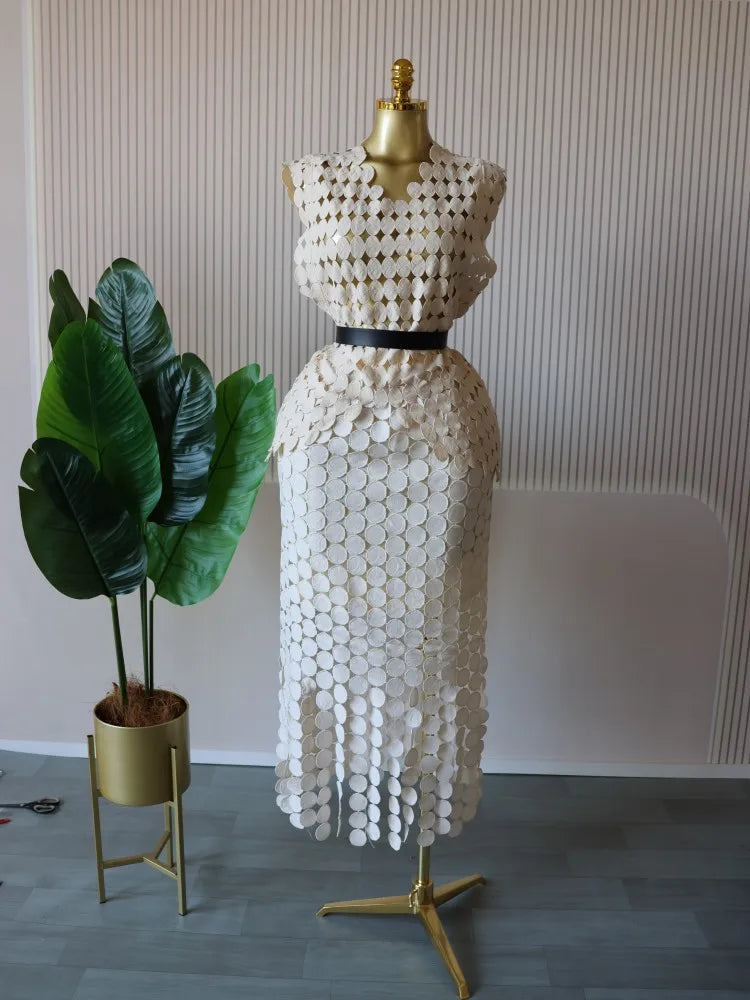 CM.YAYA Women Cutout O-neck Crop Top and Bodycon Midi Slim Maxi Long Skirt Suit 2025 Summer Vacation Sexy Two 2Piece Set Outfits Apricot-Apricot-belt One Size