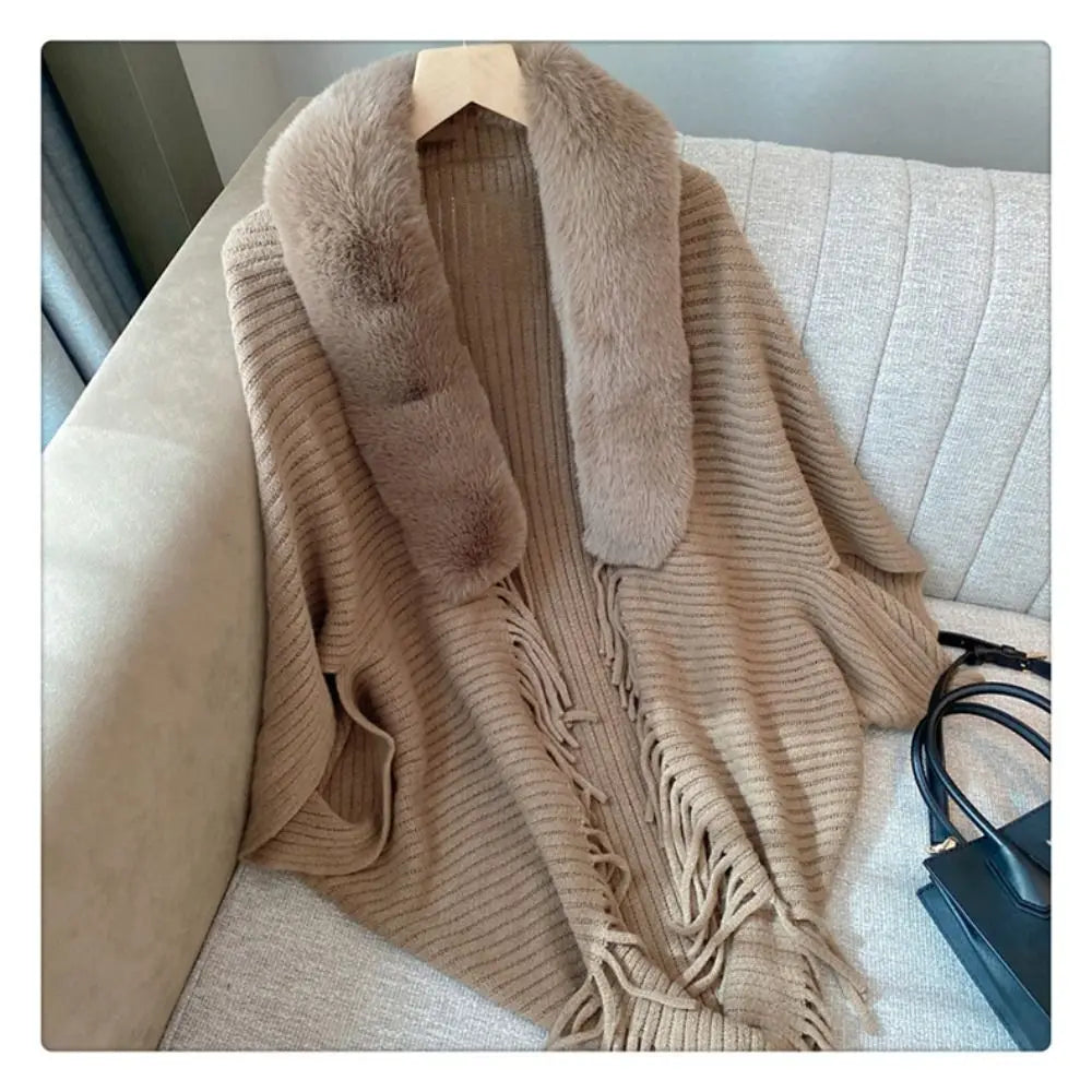 Knitting Thick Women's Loose Shawl with Faux Fur Collar for Evening Dresses Wedding Knitting Shawl Plush Wraps Cardigan Cape