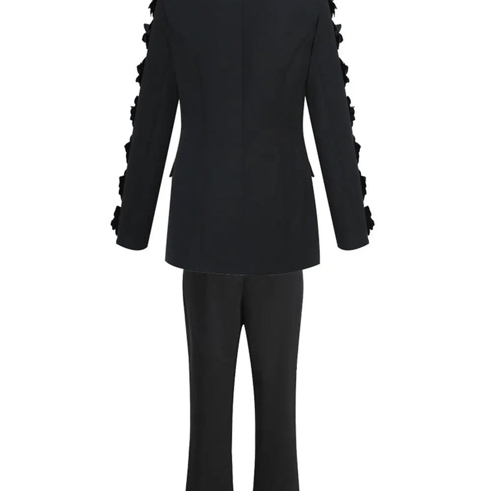 2024  Women Suit Pants Set with Collar, Long Sleeve, Three Dimensional Flower Decoration, Slim Fit Suit Coat+Two Piece Pants Set