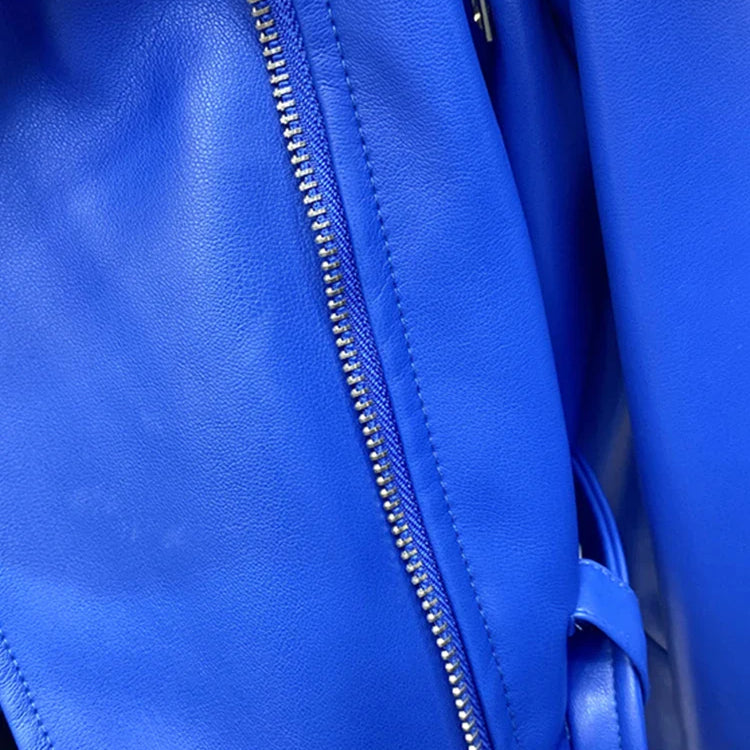 Spring Autumn Short Blue Soft Pu Leather Biker Jacket Women Zipper Long Sleeve Belt Cool Luxury Designer Clothes 2022