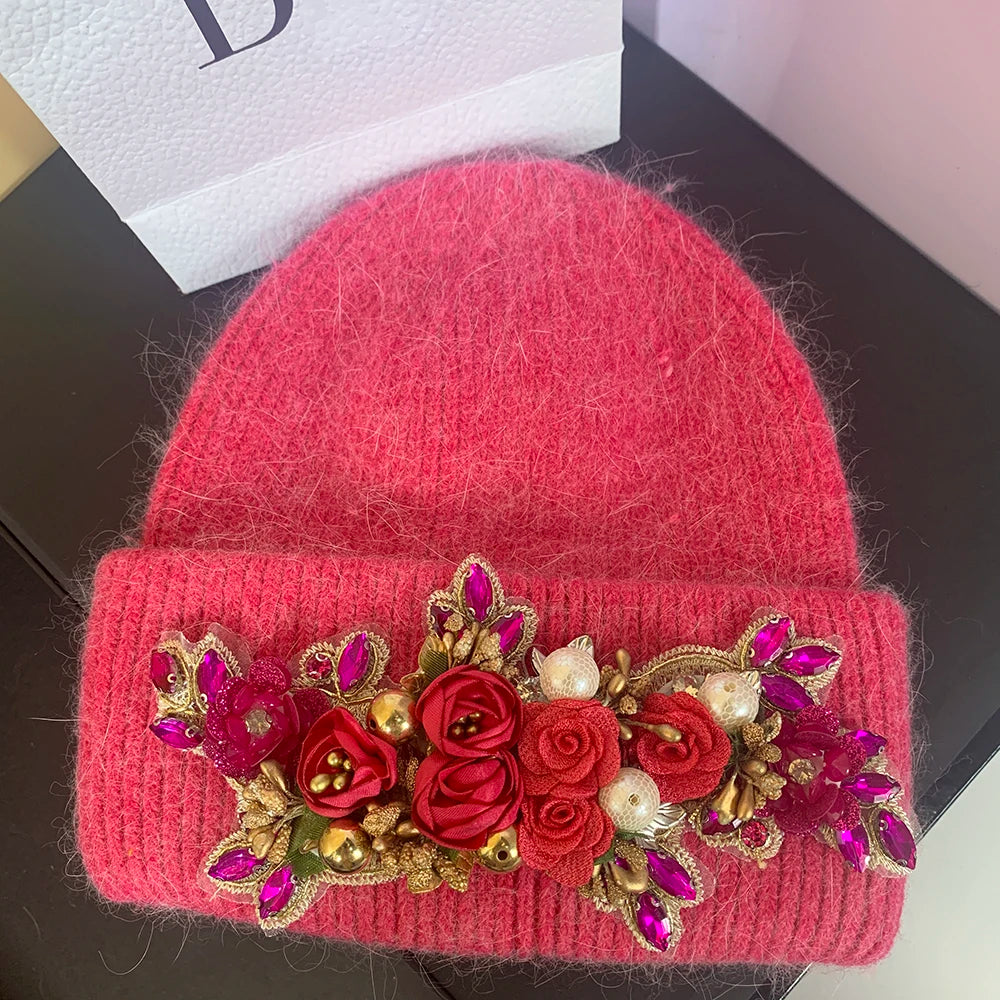 Casual Outdoor Warm Ear Protection Skiing Knitted Cap Luxury Winter Women Beanie Hat Crystal Rabbit Fur Knitted Hat for Women rose red