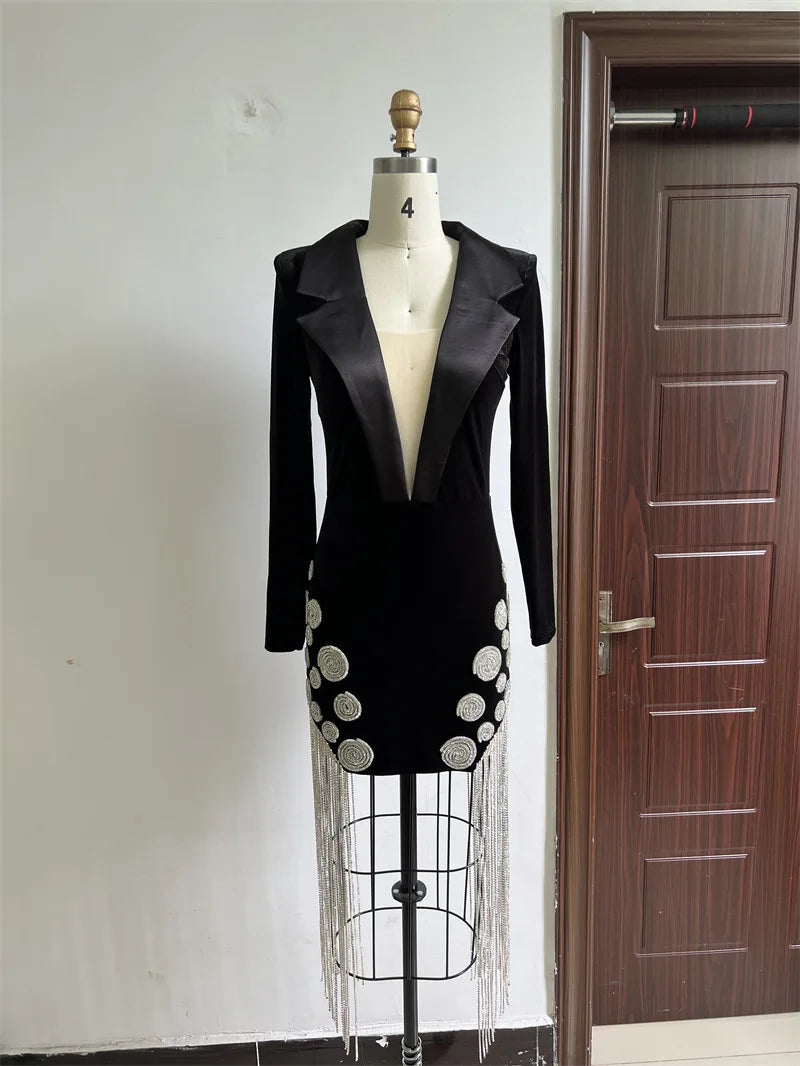 2025 Luxury Diamonds Tassel Sexy  Deep V Notched Black Velvet  Dress Woman Evening Party Vestido Celebrate Club Party Outfit