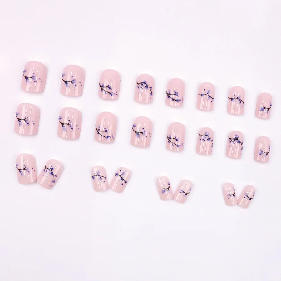 24pcs Simple Blue Flower Bud French Style Press on Nails Simple Nails Full Cover Wearable False Nails