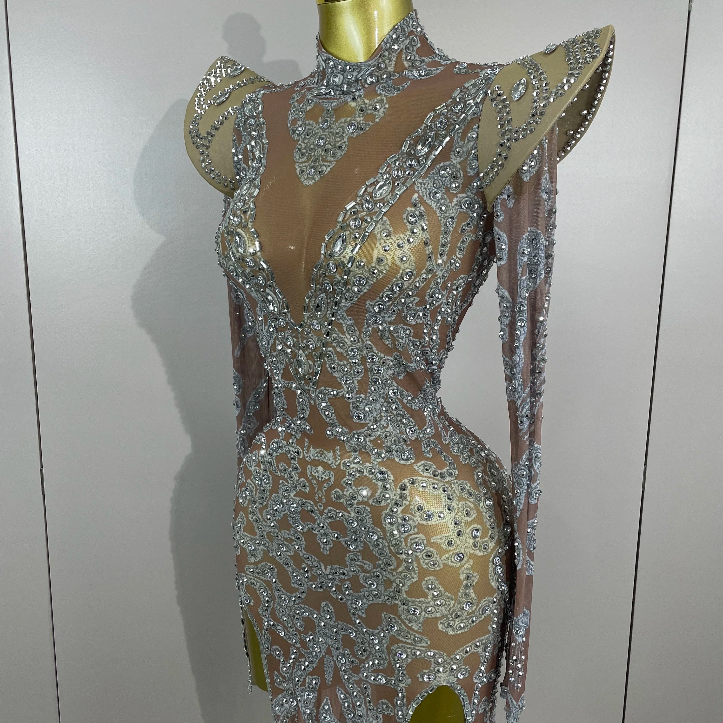 Sexy Singer Stage Drag Queen Costume 2025 Women Shiny Rhinestones Transparent Short Dress Birthday Celebrate Photoshoot Dress