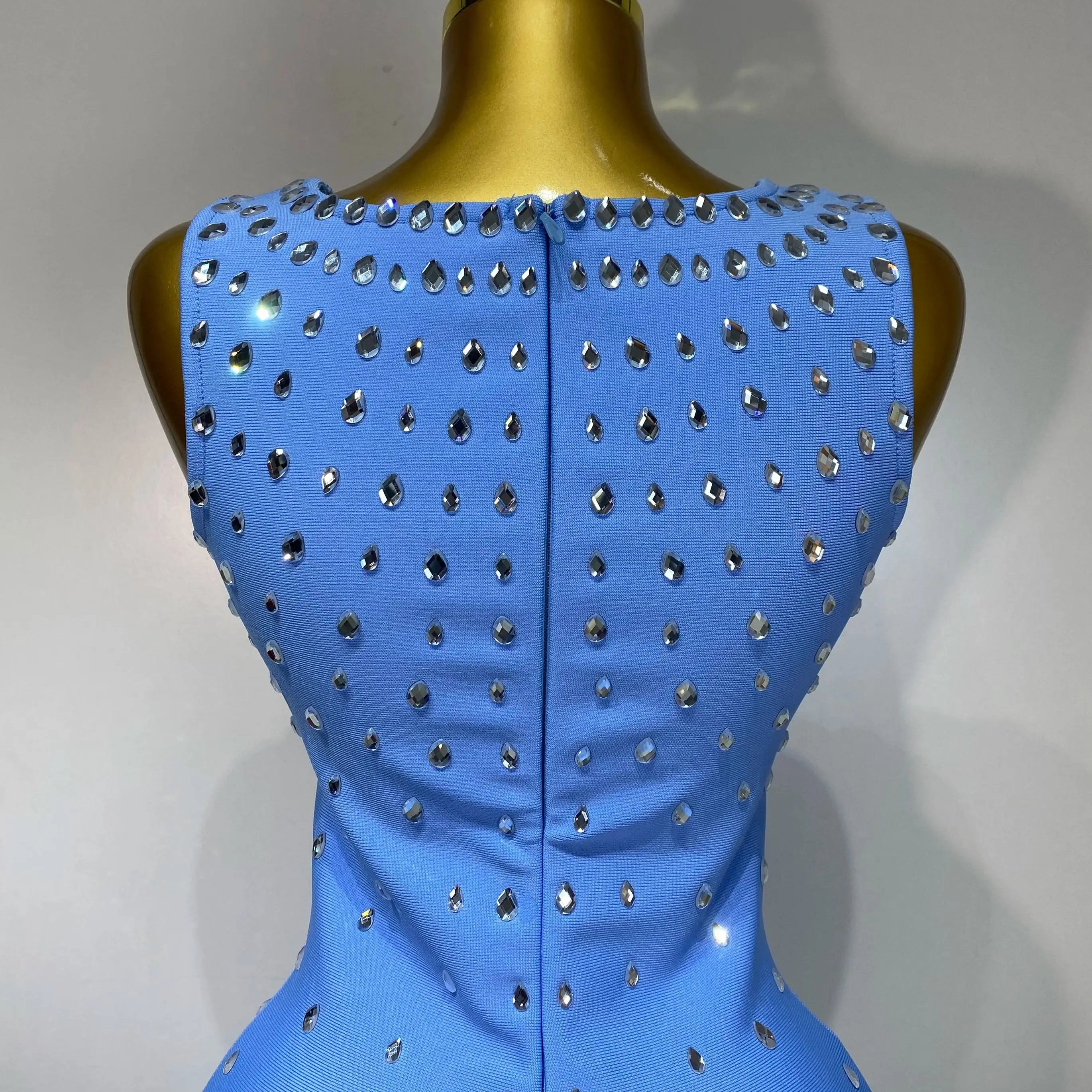 Women Sparkly Rhinestone Bandage Long Dress Elastic Sleeveless Bodycon High Street Evening Club Party Elegant Birthday Gowns