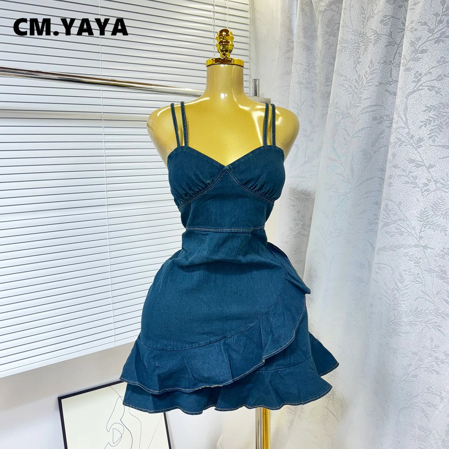 CM.YAYA Women Spaghetti Strap V-neck Ruffles Hem Denim A-line Mini Dress 2025 Chic Birthday Night Club Party Vestidos Dresses