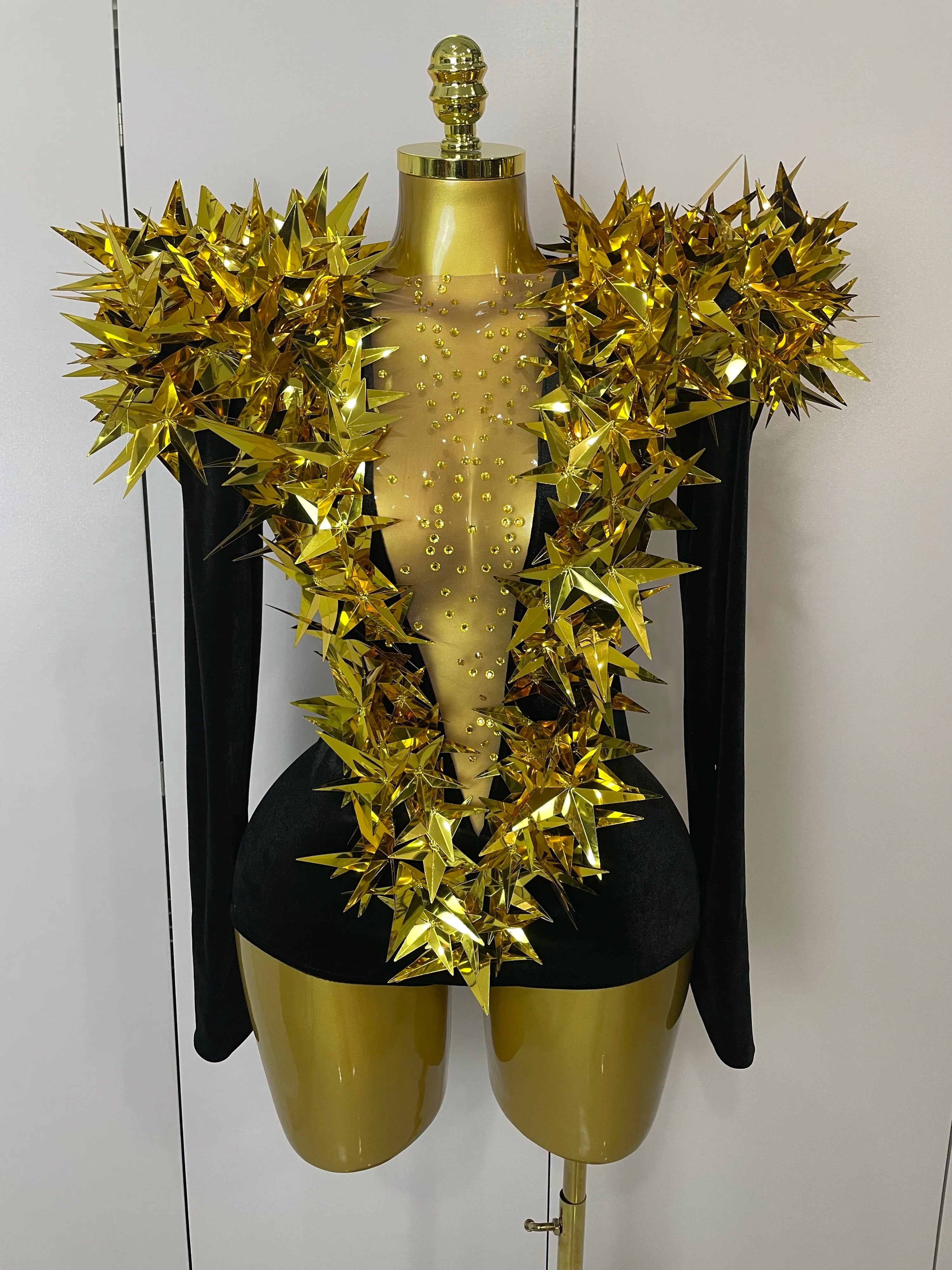 Shiny Gold Rhinestone Black Velvet Long Sleeve Bodysuit 2025 Women Evening Party Club Gala Hosts NightClub Bar Stage Costumes