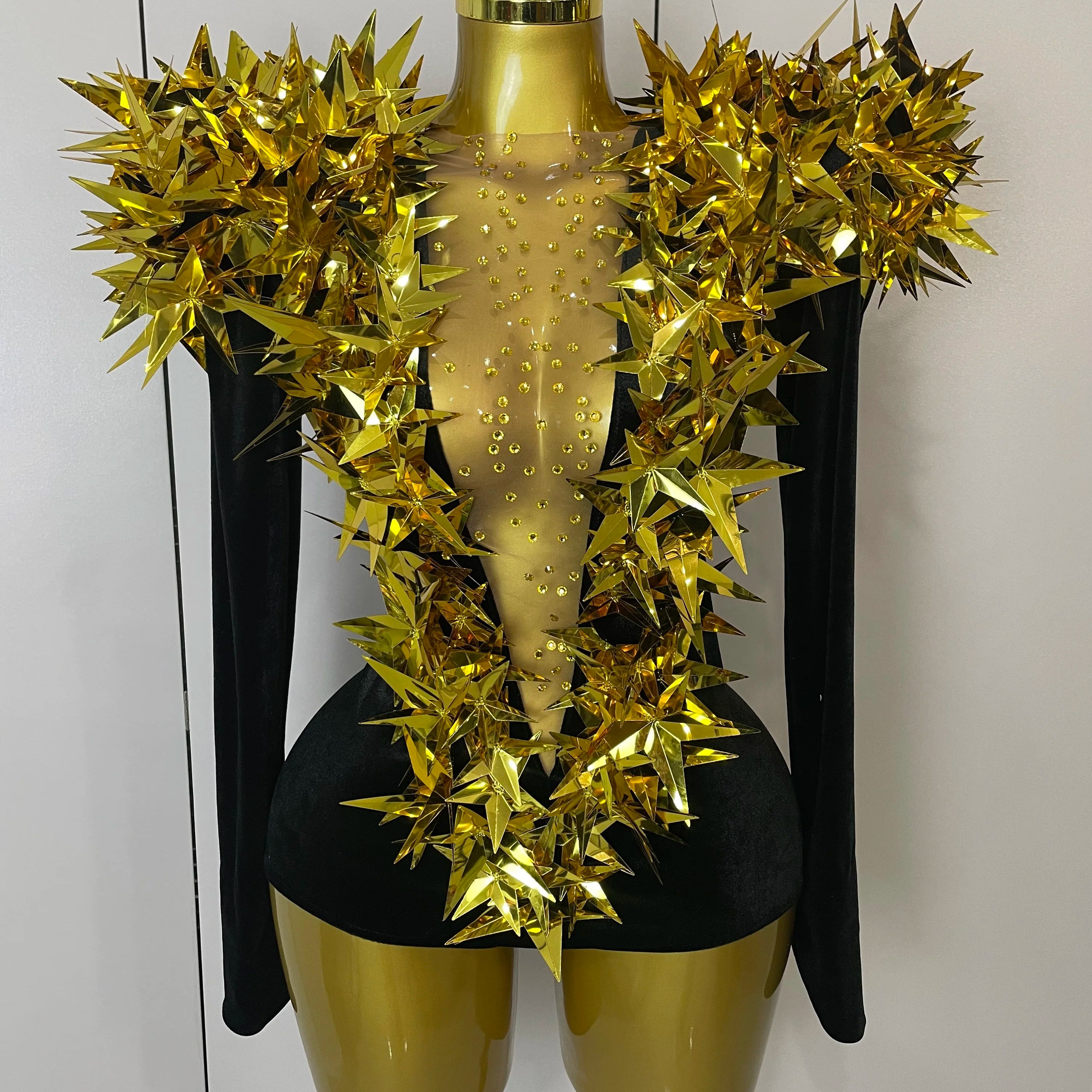 2025 New Shiny Black Rhinestone Velvet Long Sleeve Bodysuit Women Evening Party Club Gala Hosts NightClub Bar Stage Costumes