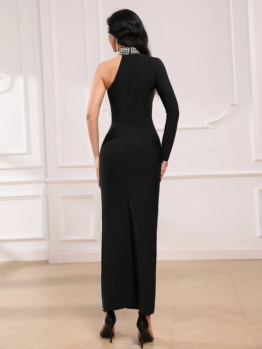 2025 Spring Women's Light Luxury Nail Diamond Bandage Dresses Stand Collar Single Shoulder Bodycon Split Length Dress Vestidos