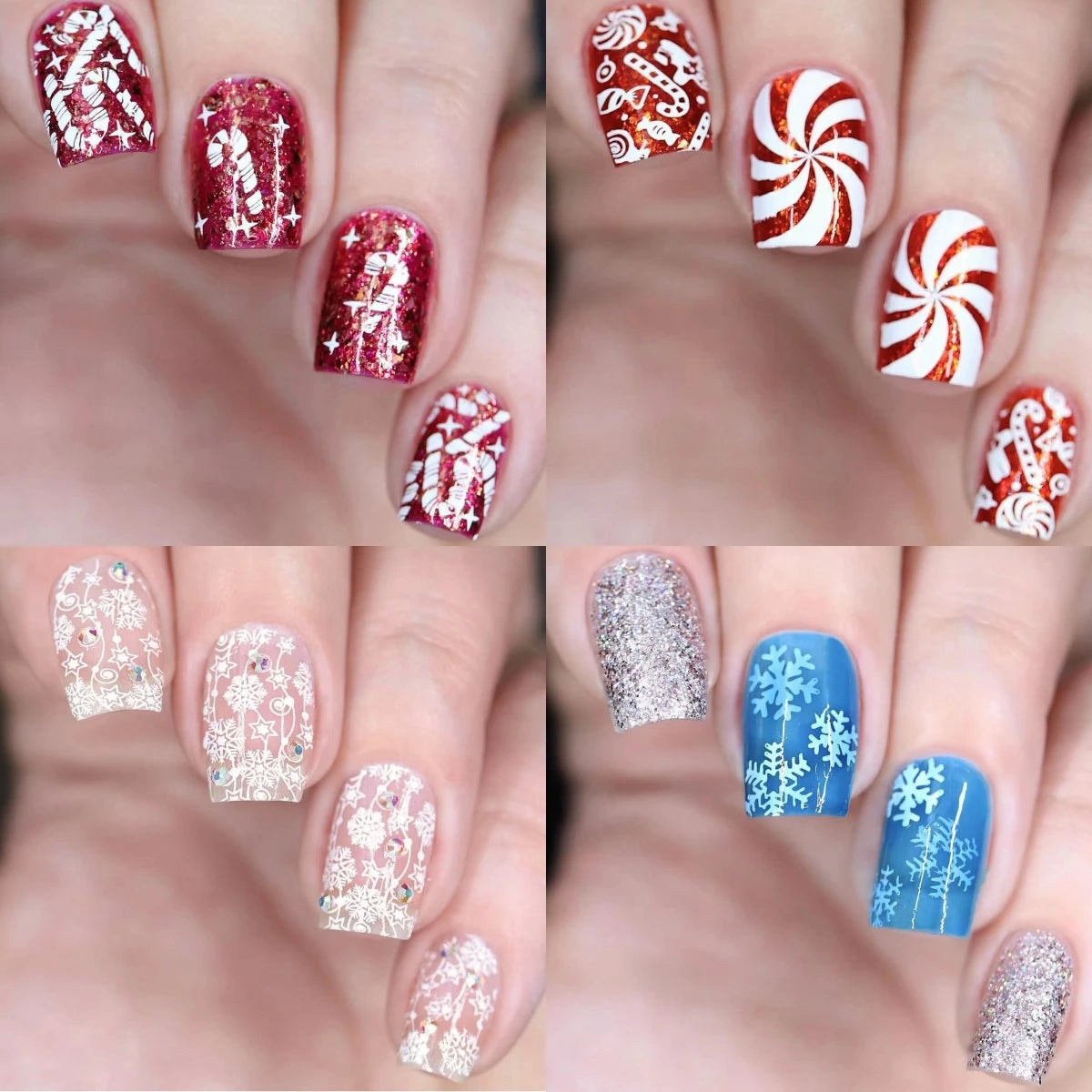 24Pcs Christmas Fake Nails for Women Girls Glossy Sequins Snowflakes Designs Short Press on Nail Wearable Full Cover False Nails
