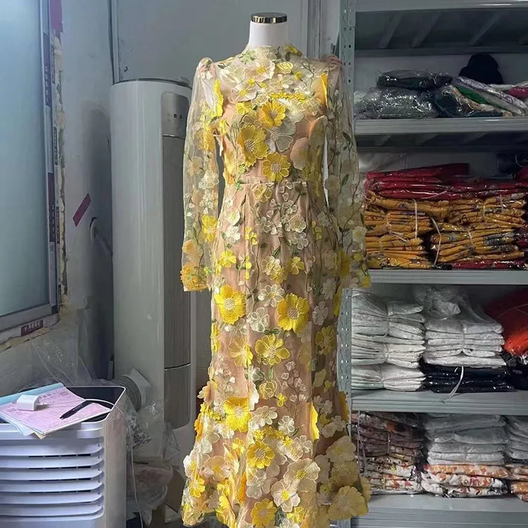 JAMERARY Runway Spring/Summer New Mesh 3D Flower Embroidery Perspective Evening Prom Dress Women Holiday Robe Vestido Party yellow longsleeve
