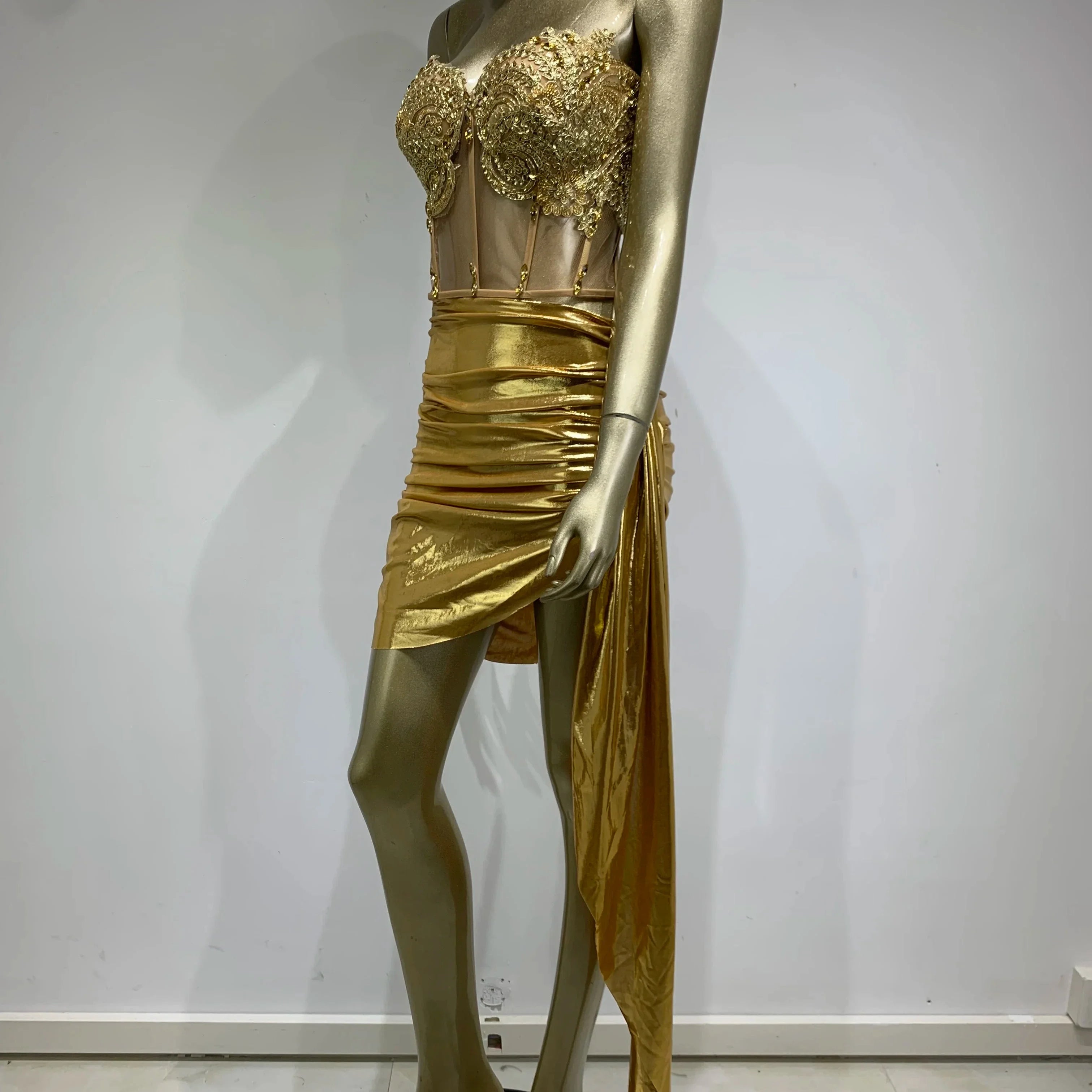 Stock Women Strapless Backless Gold Ruched Mini Skirt Set Birthday Party Costume Bar Nightclub Stage Performance Clothing