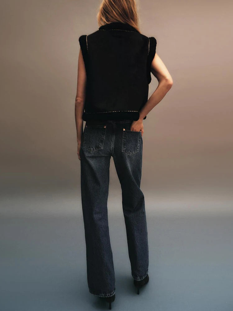 Women's Fashion Flower Embroidery Reversible Vest Vintage Suede Lamb Warm Vest Short Loose Sleeveless Vest Street Style Ves