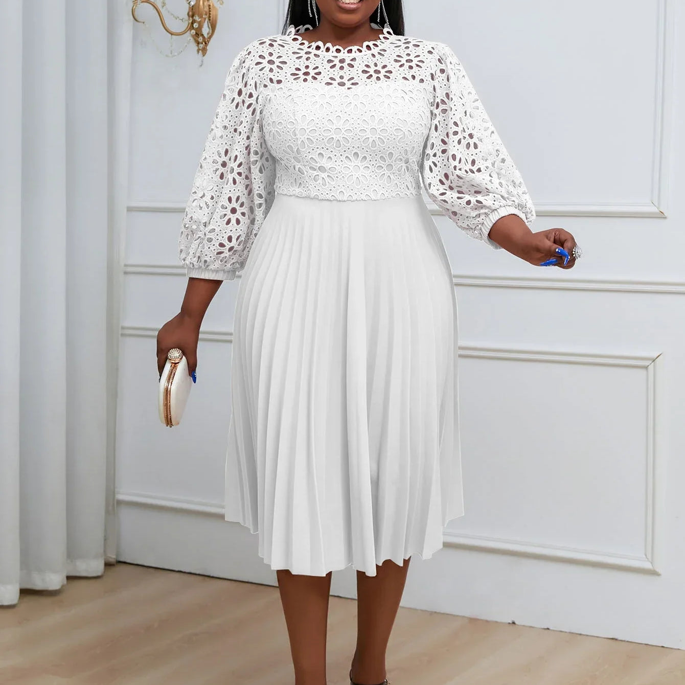 Women Elegant Summer White Pleated Dress Plus Size Hollow Out Lace Sleeve Midi Dresses Elegant Party Birthday Church Outfits WHITE