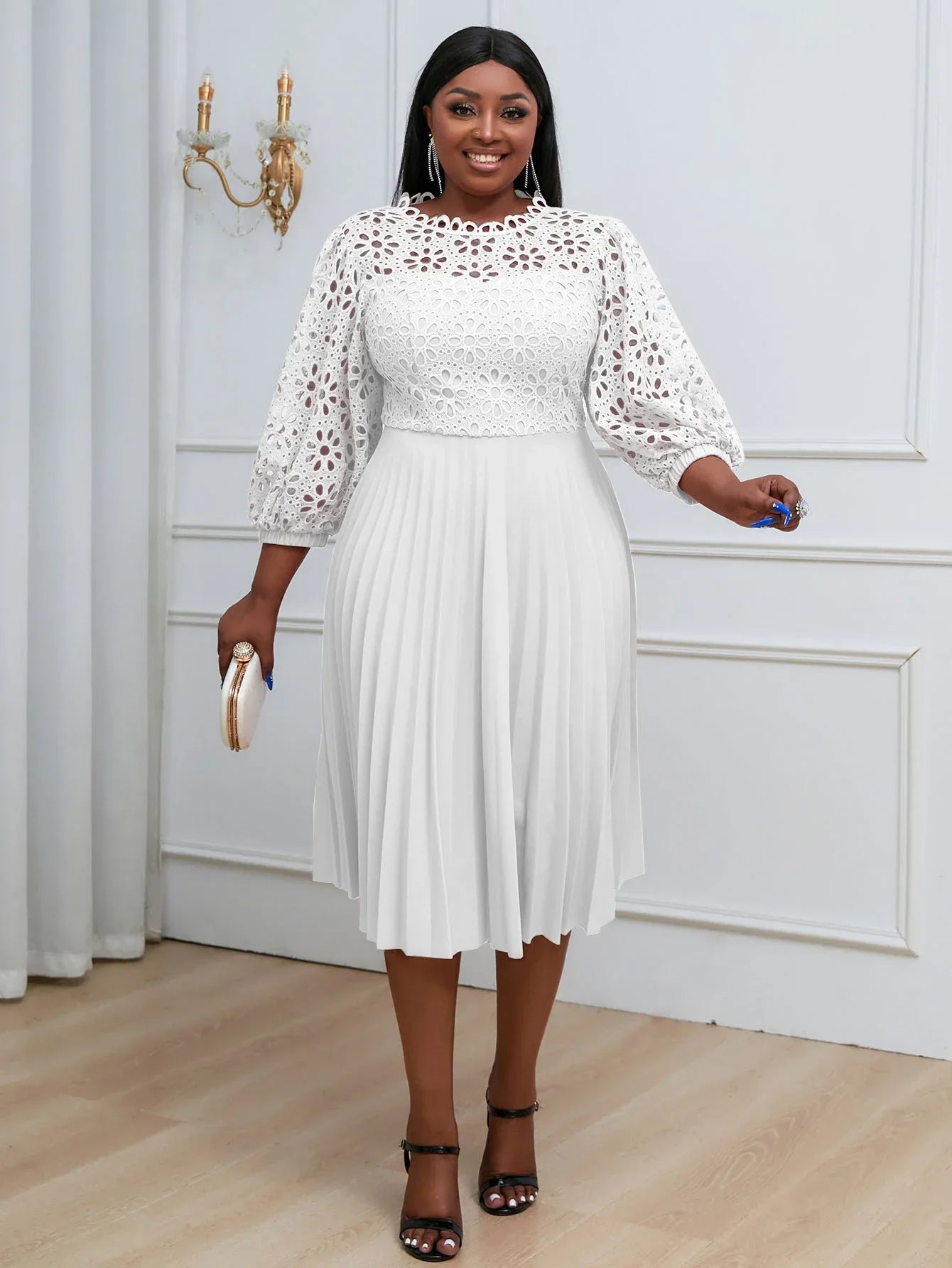 Women Elegant Summer White Pleated Dress Plus Size Hollow Out Lace Sleeve Midi Dresses Elegant Party Birthday Church Outfits WHITE