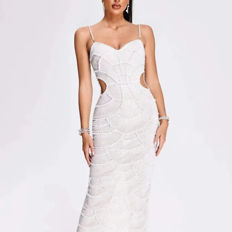 Women Luxury Sexy V Neck White Pearl Beading Cut Out Maxi Long Bodycon Gowns Dress Birthday  Elegant Evening Party Club Dress