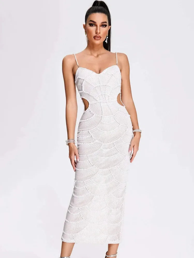 Women Luxury Sexy V Neck White Pearl Beading Cut Out Maxi Long Bodycon Gowns Dress Birthday Elegant Evening Party Club Dress