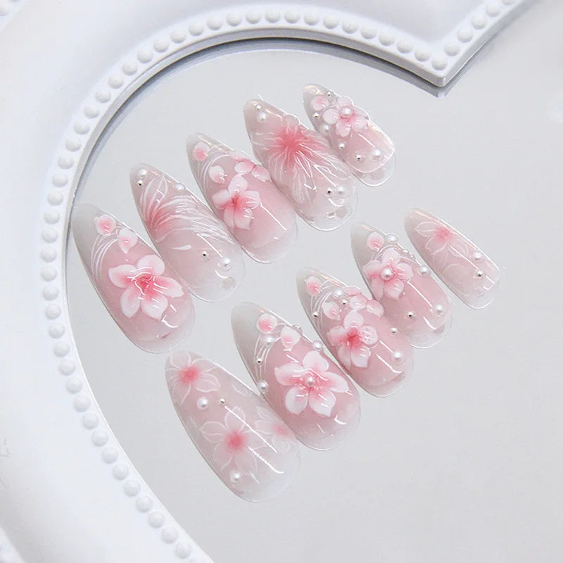 24pcs Pink Flower Press on Nails Ins Sweet Petals Print False Nails for Girl Wearable Reusable Fashion Almond Fake Nail Tips