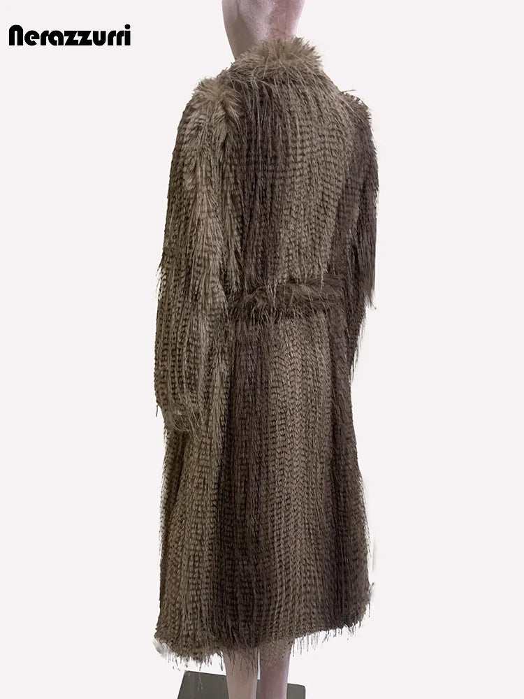 Nerazzurri Winter Clothes Women Long Thick Warm Soft Hairy Shagge Colorful Multicolored Fluffy Faux Fur Coat Women Sashes