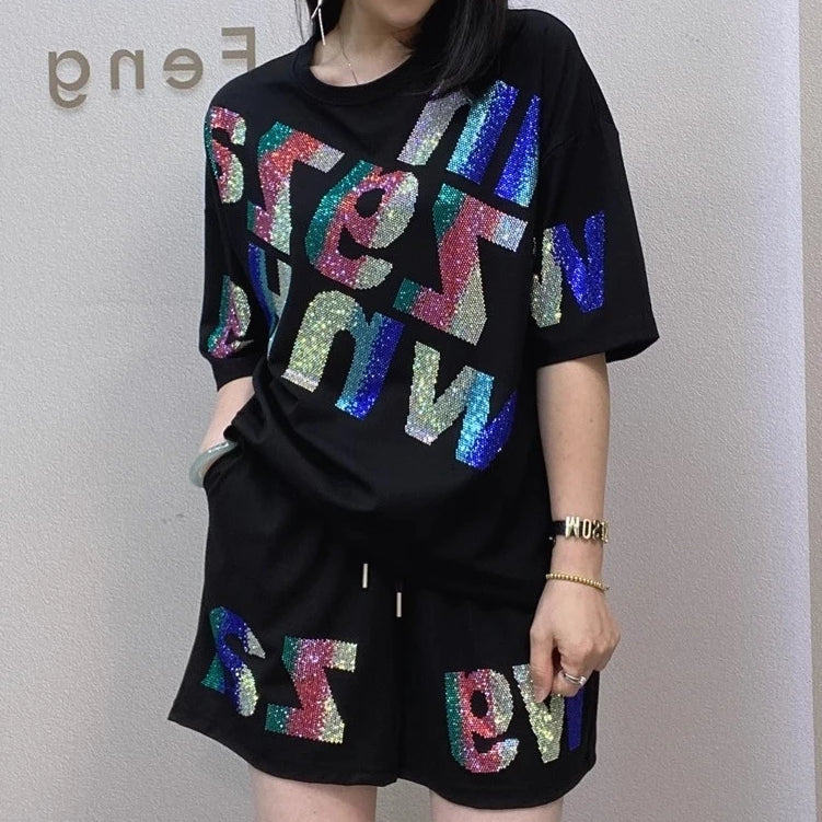 Oversized summer short-sleeved T-shirt and shorts casual set, Rhinestone wide-leg pants two-piece women's set