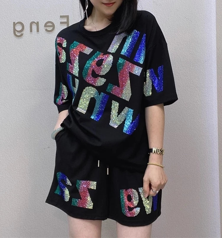 Oversized summer short-sleeved T-shirt and shorts casual set, Rhinestone wide-leg pants two-piece women's set