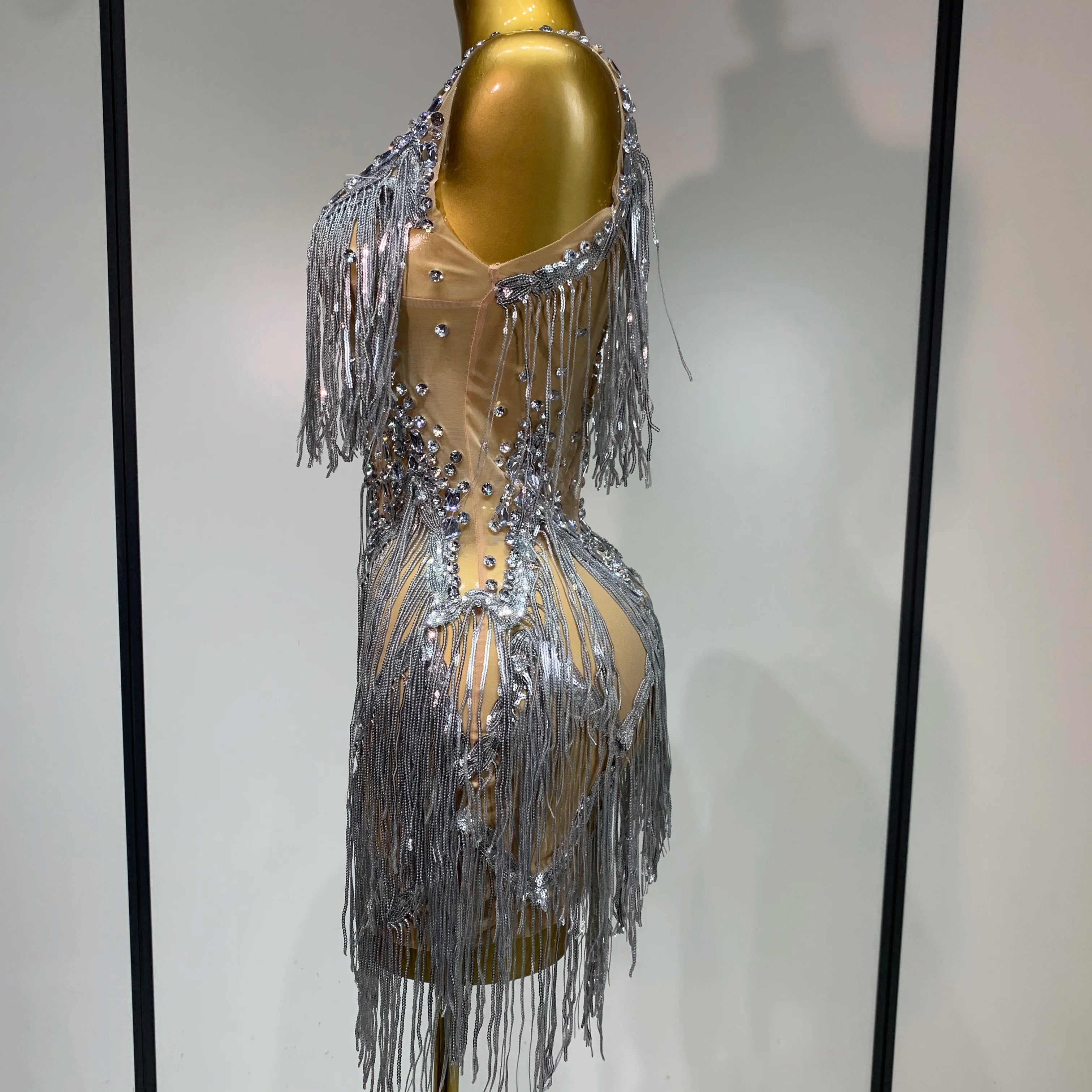 Sparkly Rhinestone Tassels Sexy Mesh See Through Dress 2025 Women Evening Party Luxury Birthday Nightclub Perform Stage Costume