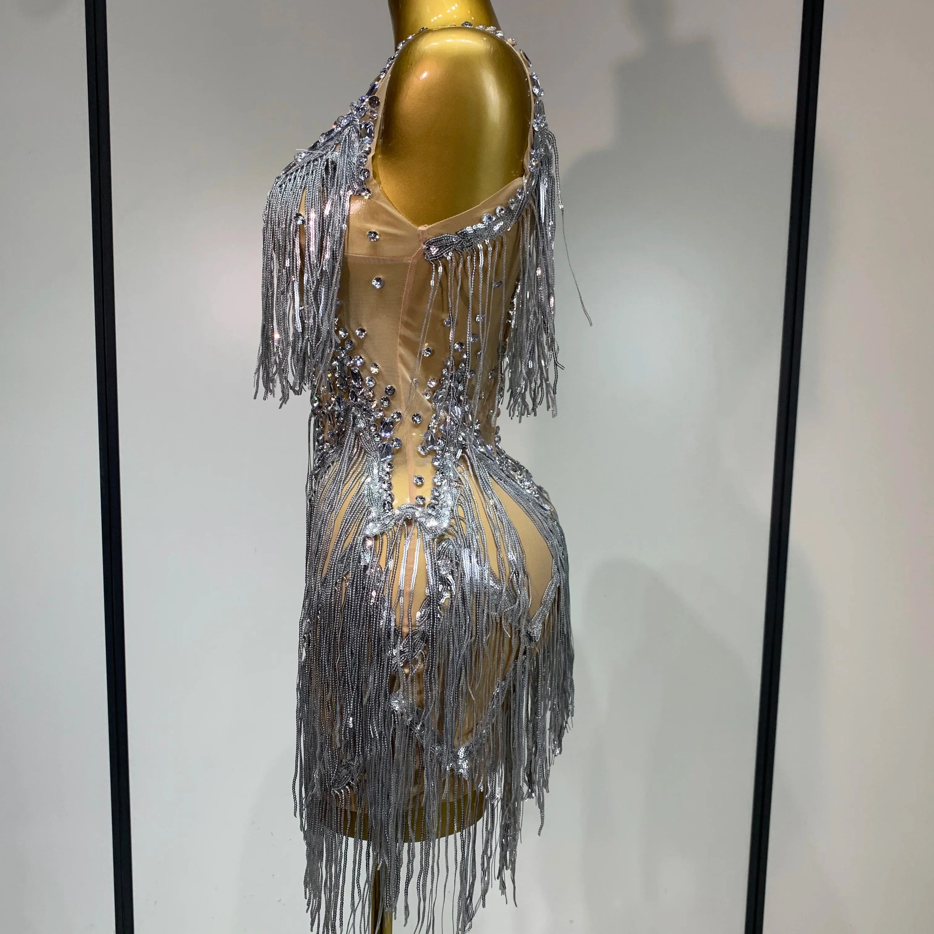 Sparkly Rhinestone Tassels Sexy Mesh See Through Dress  Women Evening Party Luxury Birthday Nightclub Perform Stage Costume