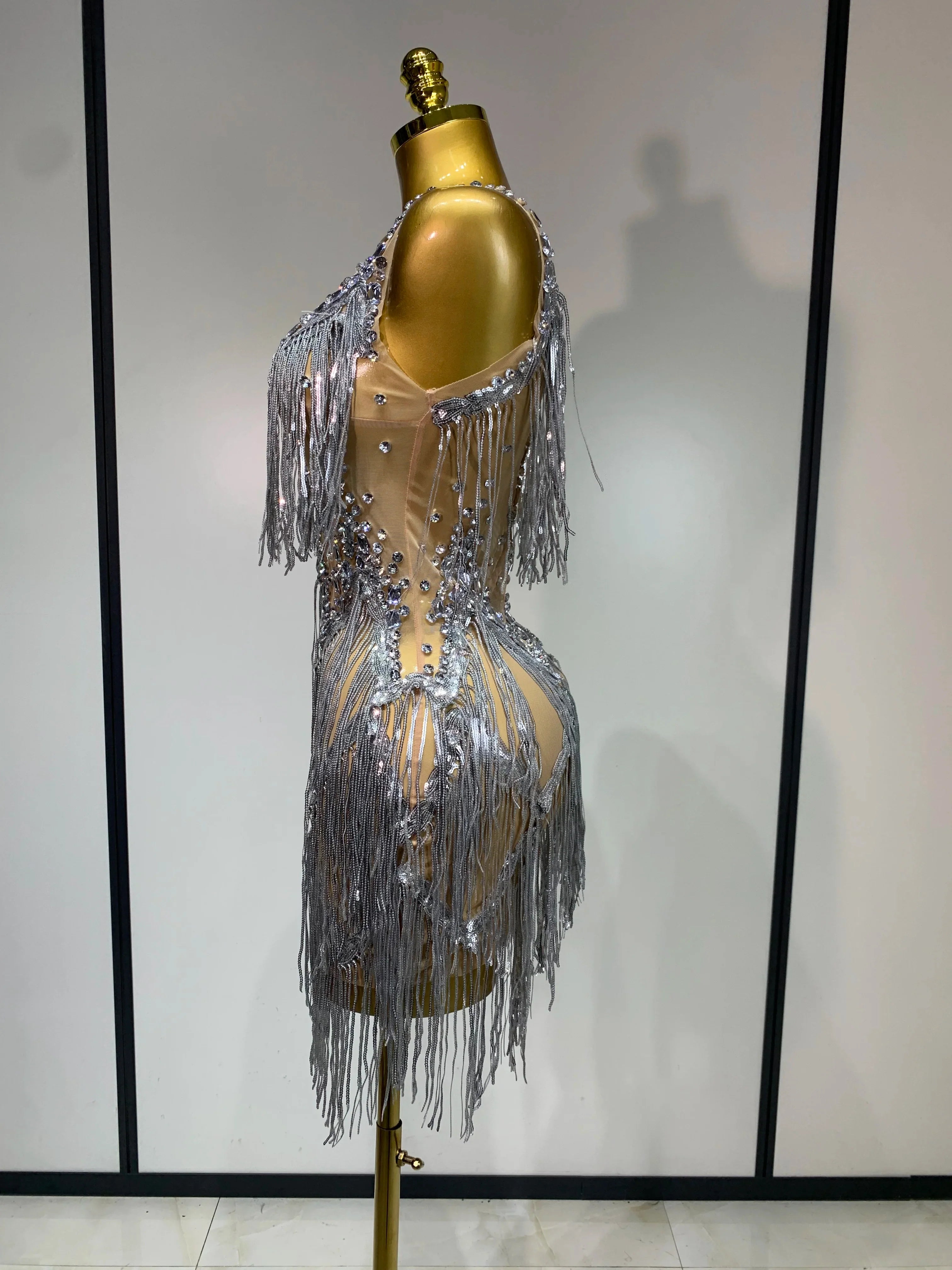 Sparkly Rhinestone Tassels Sexy Mesh See Through Dress  Women Evening Party Luxury Birthday Nightclub Perform Stage Costume