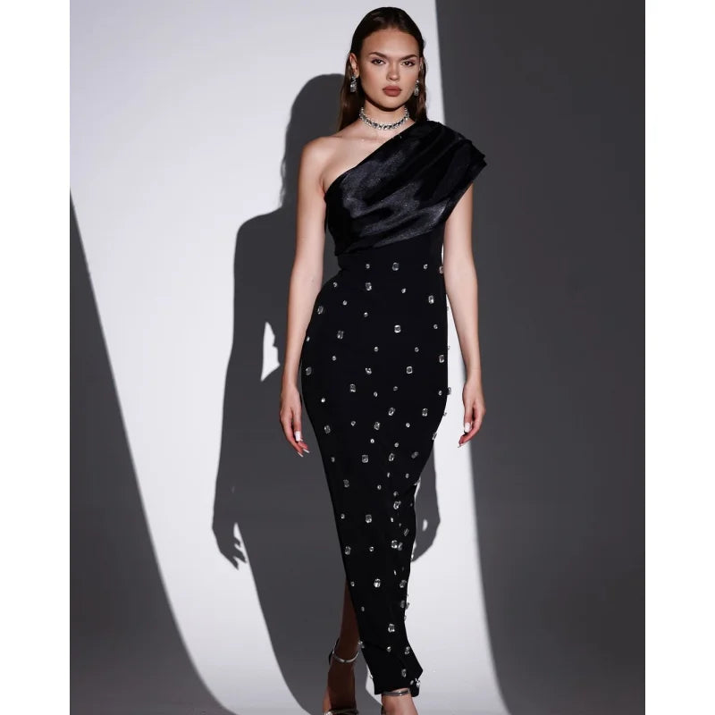 New 2 Colors Shining Diamonds Oblique Shoulder Ankle Length Bandage Dress Graceful Woman Party Dress Celebrity Party Vestido