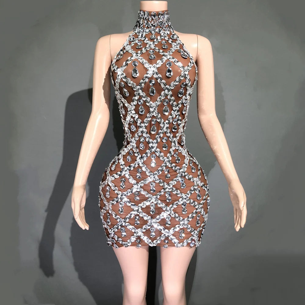 Sparkly Sequins Crystals Long Sleeves Dress Women Evening Prom Birthday Dress Sexy Transparent Rhinestones Photo Shoot Dress short dark