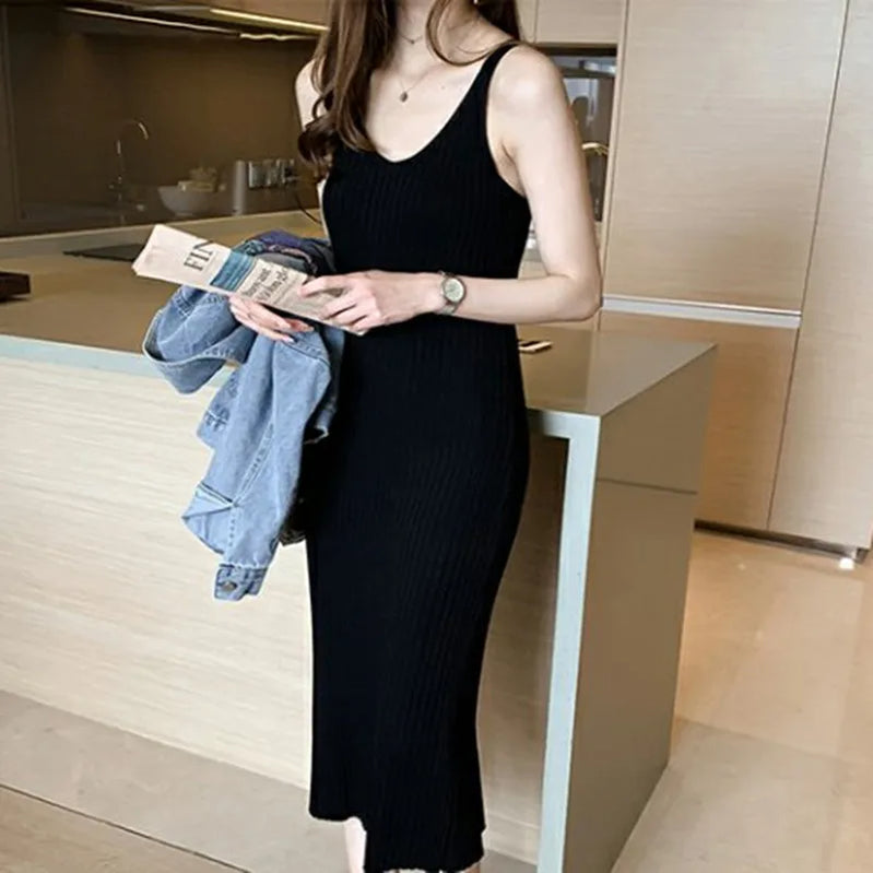 Women Dress Knitted Slimming Bodycon Soft Straps Dress Casual Ribbed Knitted One Piece Holiday A-Line Midi Dress Women