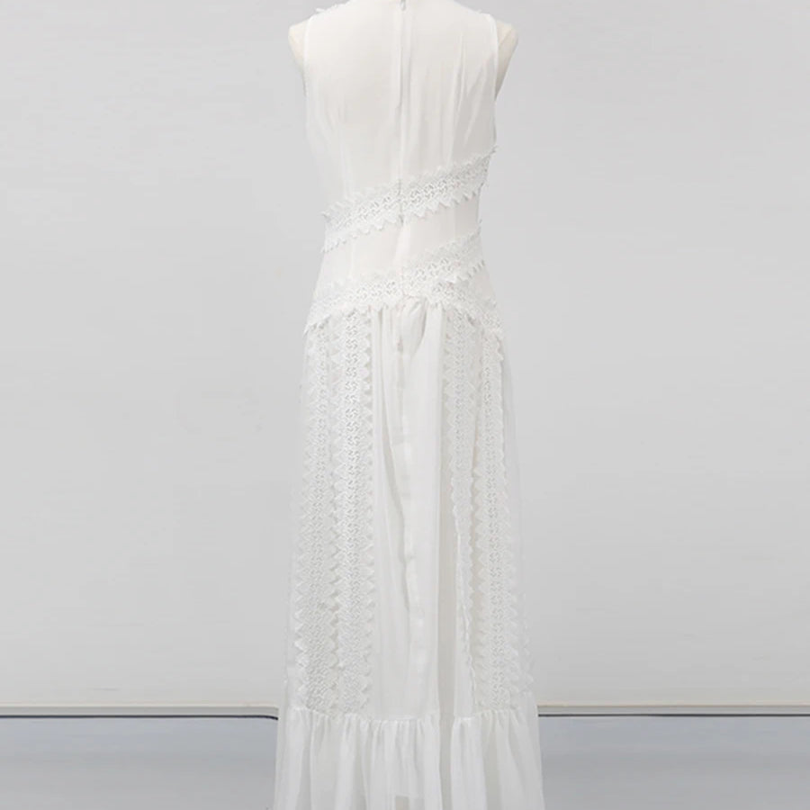 TWOTWINSTYLE White Spliced Lace Minimalist Dresses for Women V Neck Sleeveless Temperamnet Long Dress Female Fashion Clothes New