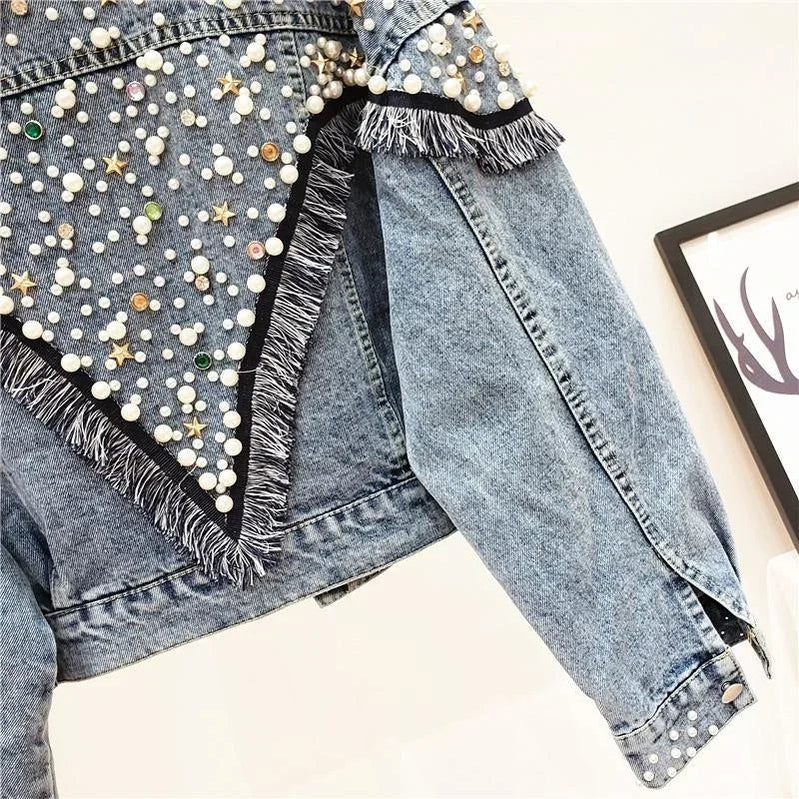 New Mujer Spring Autumn Streetwear Denim Jacket Women Hand-studded Pearls Punk Tassel Veste Femme Loose Short Jeans Coats