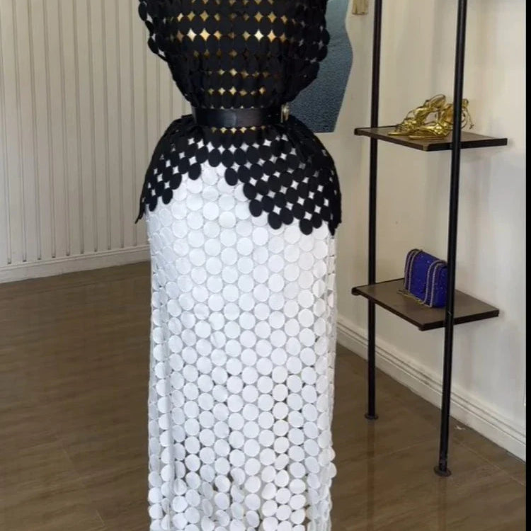 CM.YAYA Women Cutout O-neck Crop Top and Bodycon Midi Slim Maxi Long Skirt Suit 2025 Summer Vacation Sexy Two 2Piece Set Outfits black-white-belt One Size